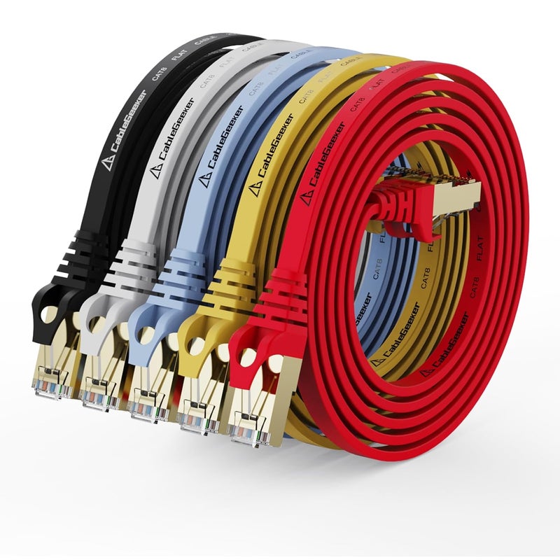 CableGeeker Cat 8 Ethernet Cable 3FT 5 Pack Multi Color, 40Gbps 2000Mhz High Speed LAN Network Cable Gigabit Cat8 Patch Cables, Professional RJ45 Flat Internet Cable for Modem/Router/PC/PS5/Xbox - Image 1